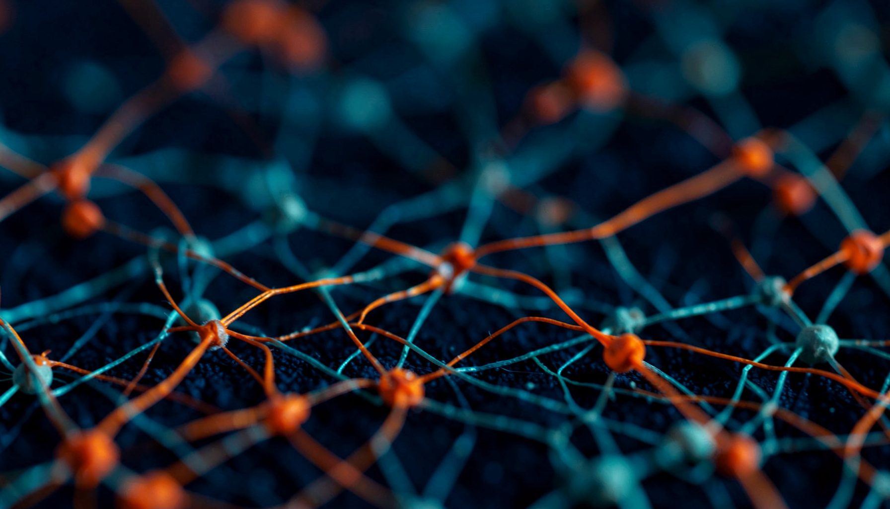 Abstract scientific visualization with deep navy and teal tones, suggesting molecular networks and data connections